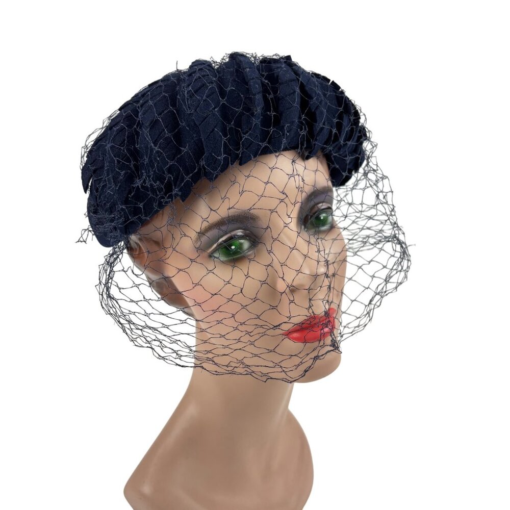 Vintage 50s Navy Hat Blue Veil Wool Scaled Calot Starling - Picture 7 of 11